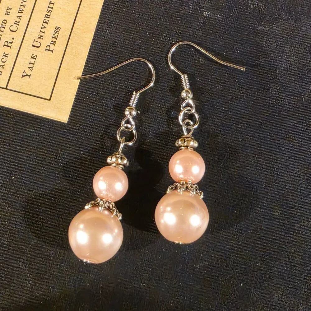 Handcrafted Light Pink Antiqued Silver Glass Pearl Drop Earrings